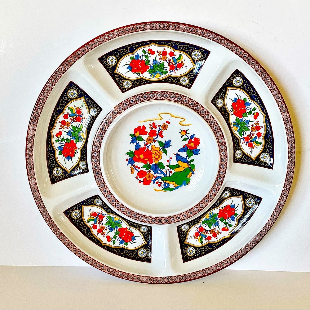 Vintage Tombolo Melamine Ware Japanese Birds Snack Condiment Tray 14”